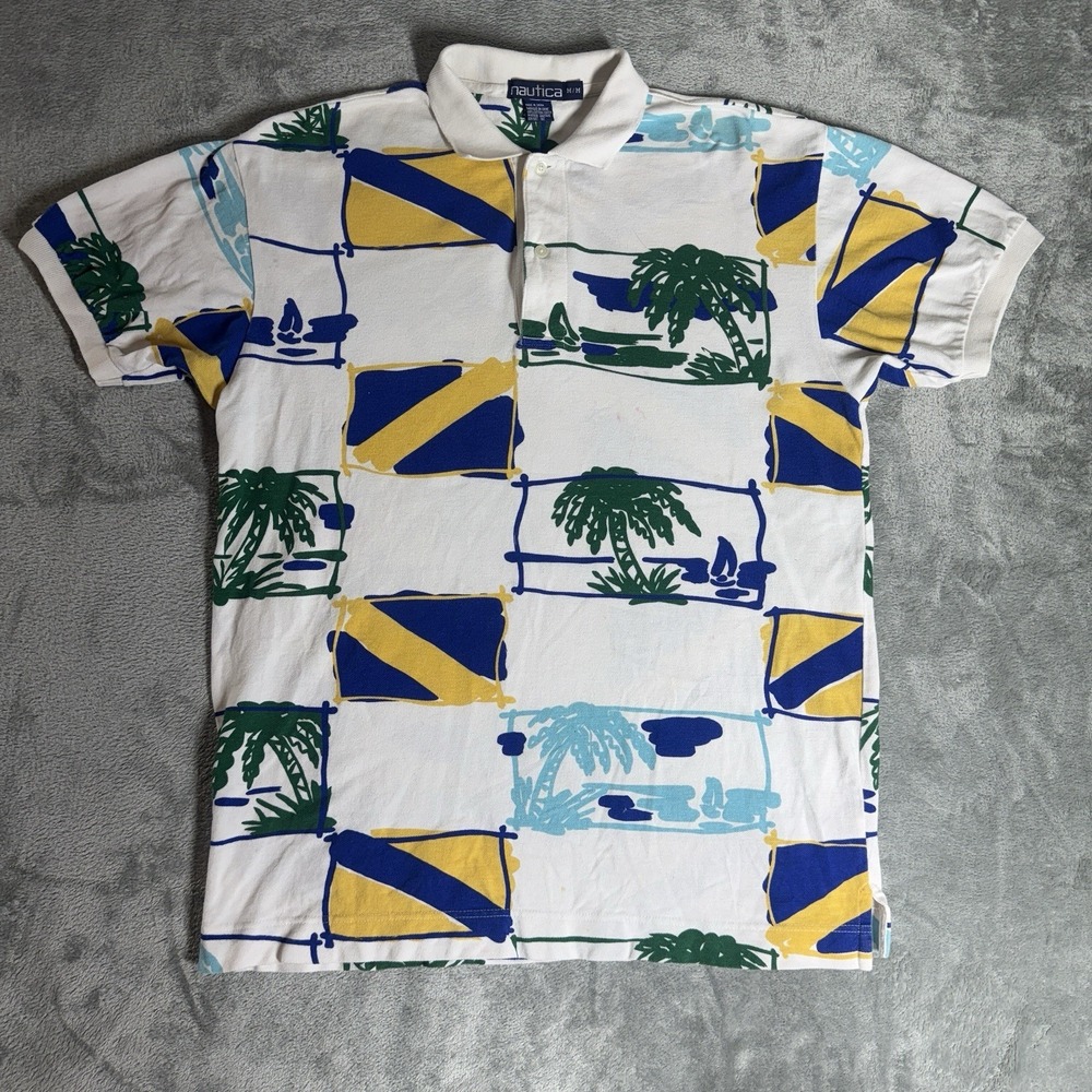 Nautica Polo Shirt Men's M All Over Sailing Flag Print Collared Preppy White